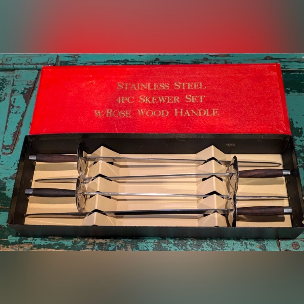 Vintage 4 Piece Skewer Set Japan Stainless Steel Rosewood Handle Sword Shape!